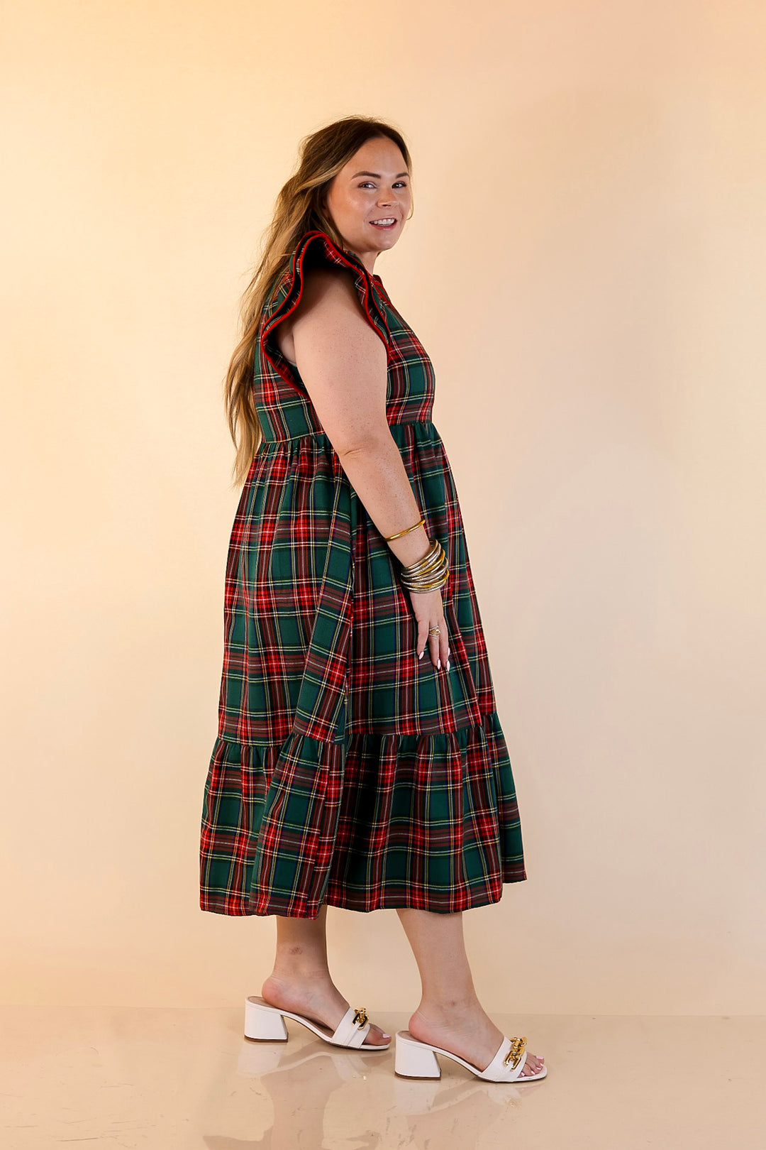 Magnolia Morning Plaid Ruffle Cap Sleeve Tiered Midi Dress in Green