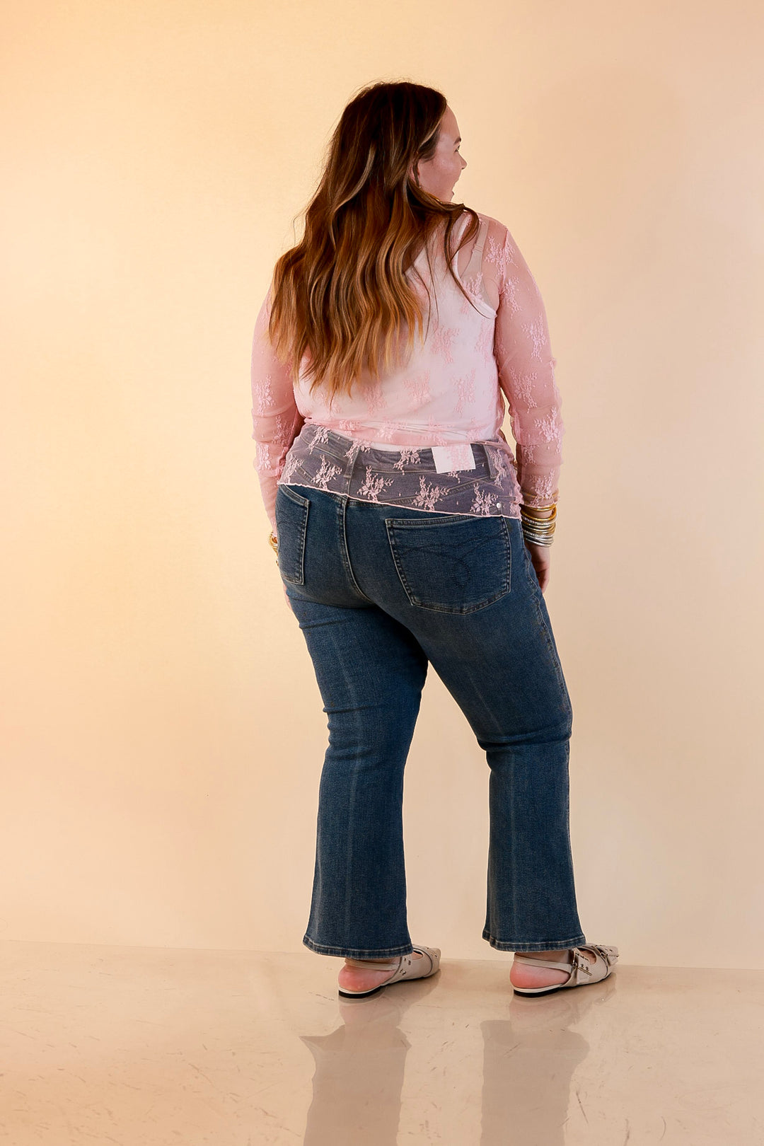 Delicate Charm Long Sleeve Sheer Lace Top with Mock Neck in Pale Pink