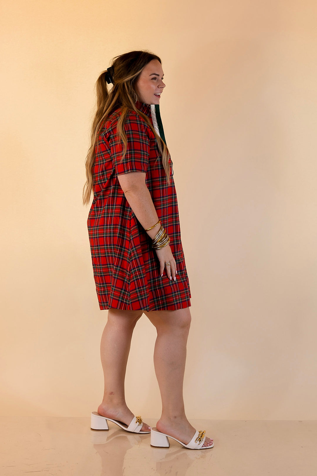 Seasonal Shift Plaid Dress with Pockets and Button Detailing in Red