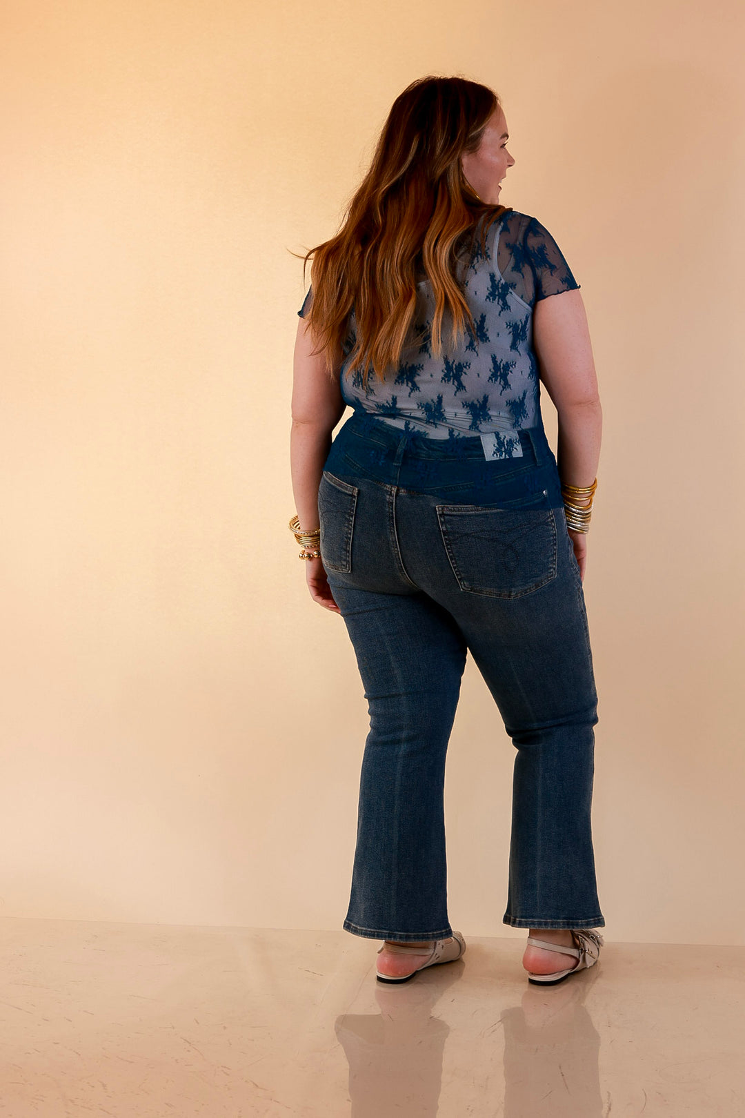 Lovely in Lace Sheer Mock Neck Short Sleeve Top in Teal Blue
