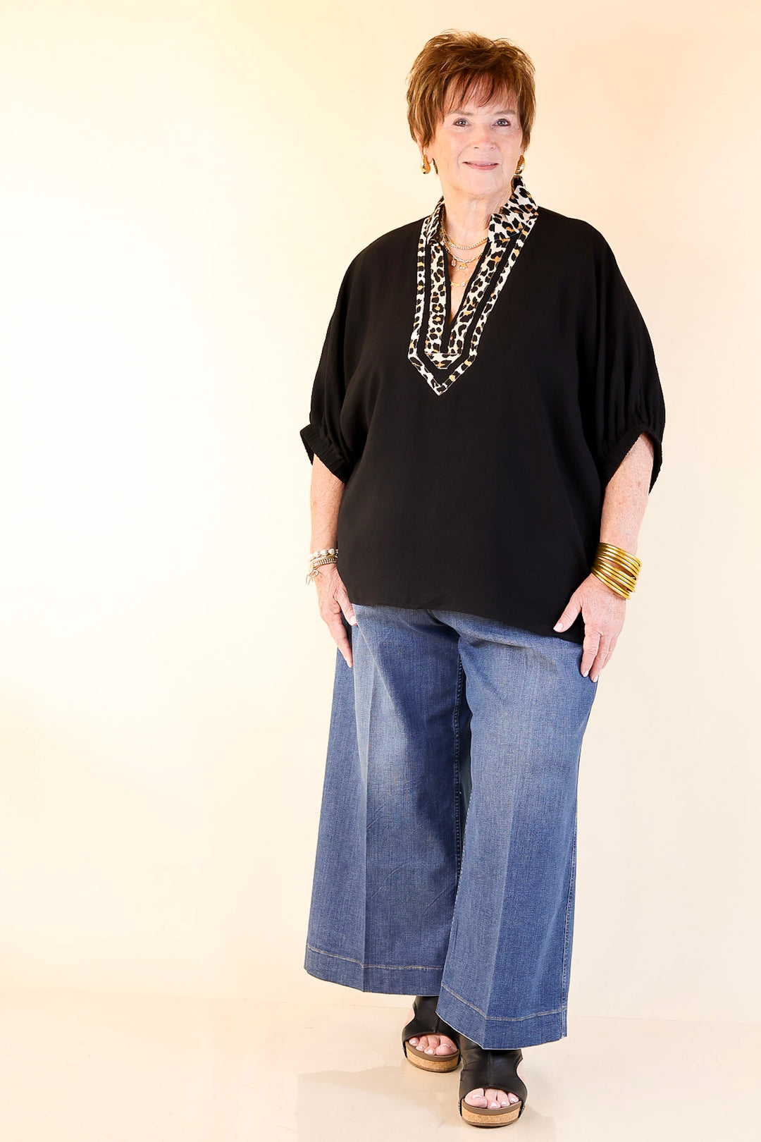 Naturally Stylish Leopard Print Trim Poncho Top in Black