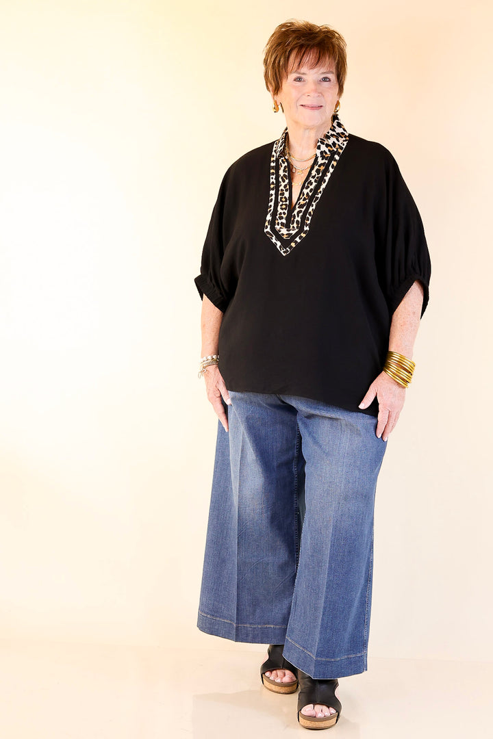 Naturally Stylish Leopard Print Trim Poncho Top in Black