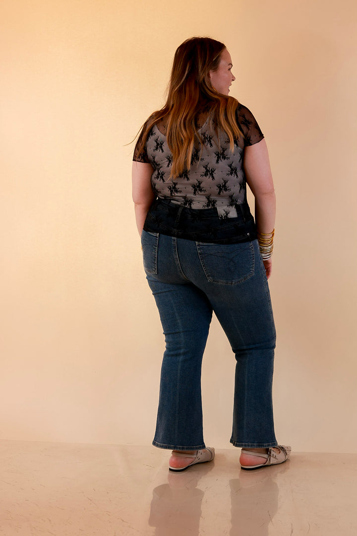 Lovely in Lace Sheer Mock Neck Short Sleeve Top in Black