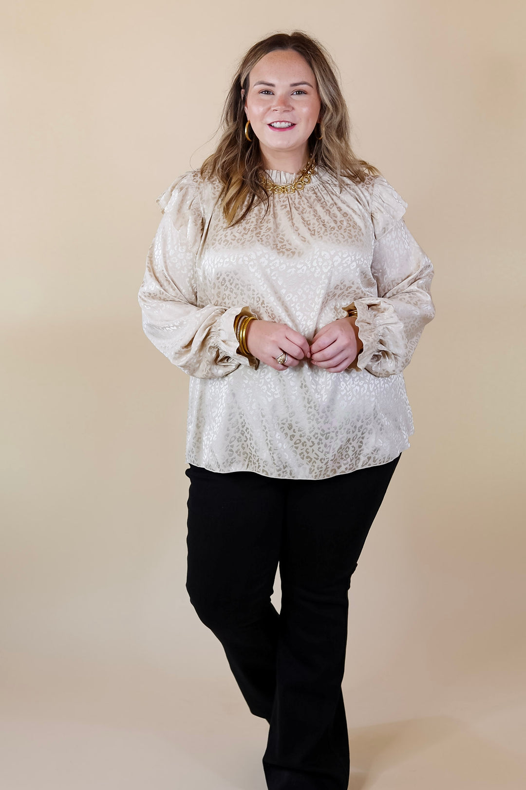 Can't Stop Me Ruffle Mock Neck Long Sleeve Leopard Print Satin Top in Ivory - Giddy Up Glamour Boutique