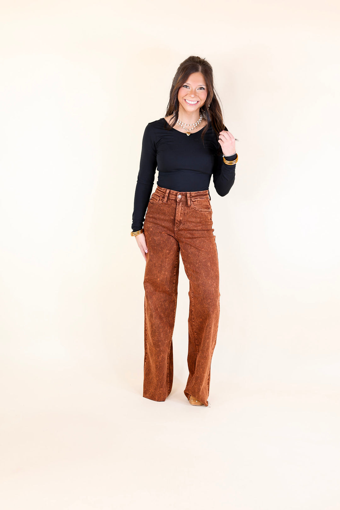 Judy Blue | Harvest Hues Garment Dyed Wide Leg Jean with Raw Hem in Pumpkin Spice Brown