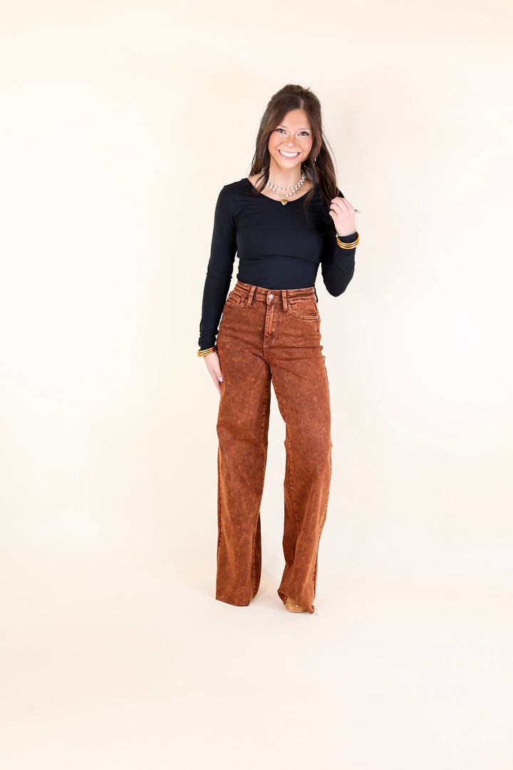 Judy Blue | Harvest Hues Garment Dyed Wide Leg Jean with Raw Hem in Pumpkin Spice Brown