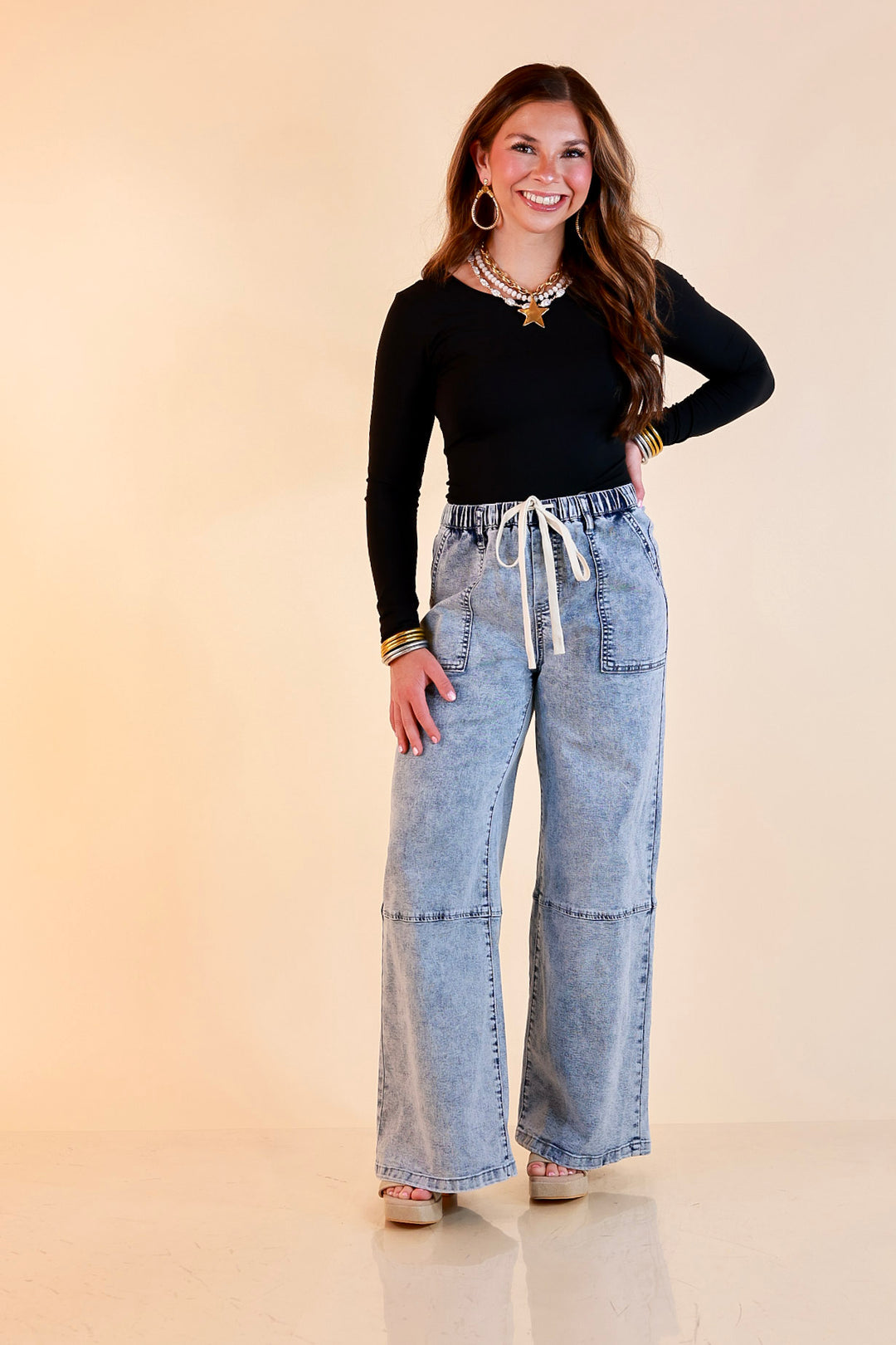 Simply Southern | Right This Way Wide Leg Drawstring Denim Utility Jeans in Acid Wash