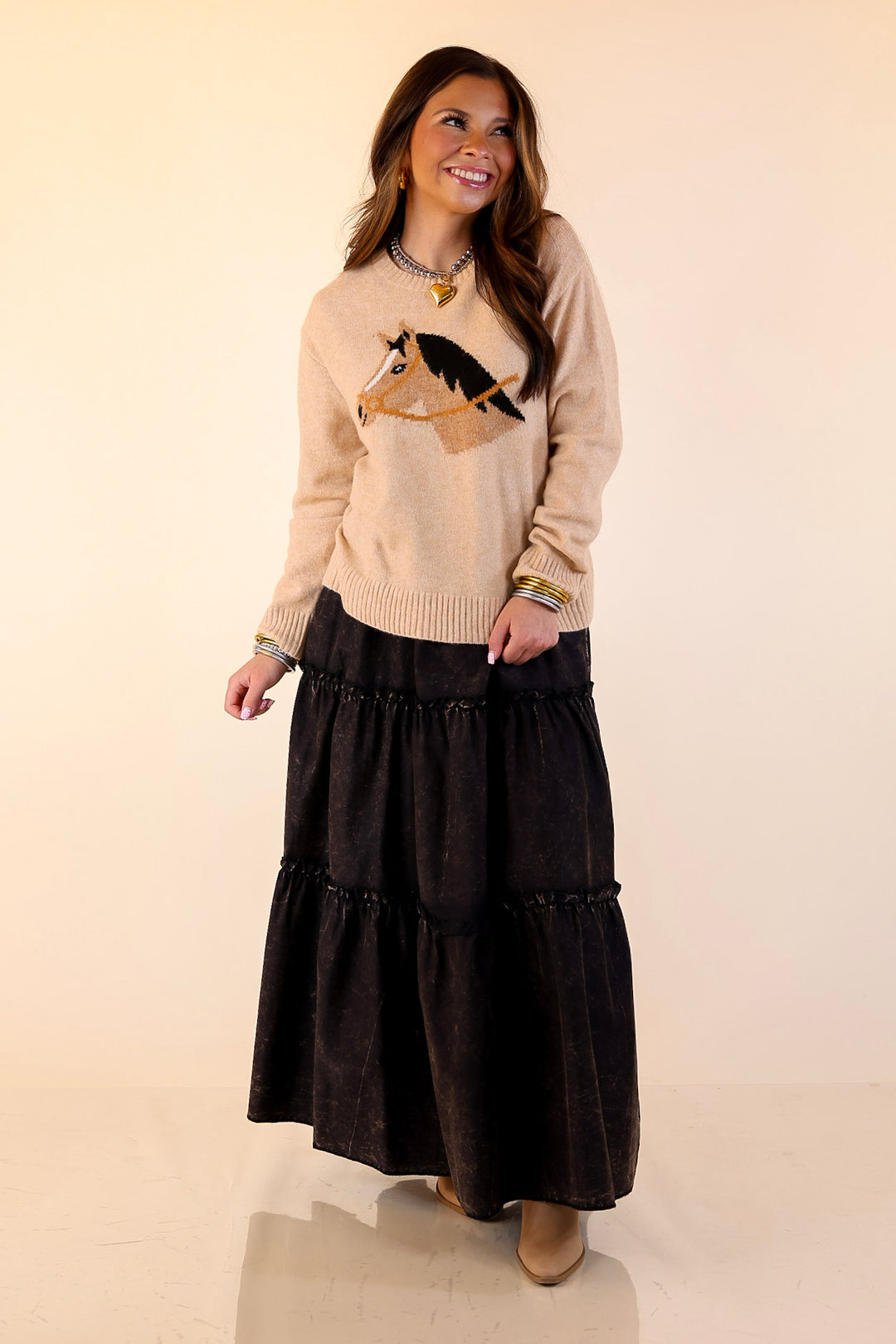 Simply Southern | Finest Touch Crewneck Sweater with Horse in Brown