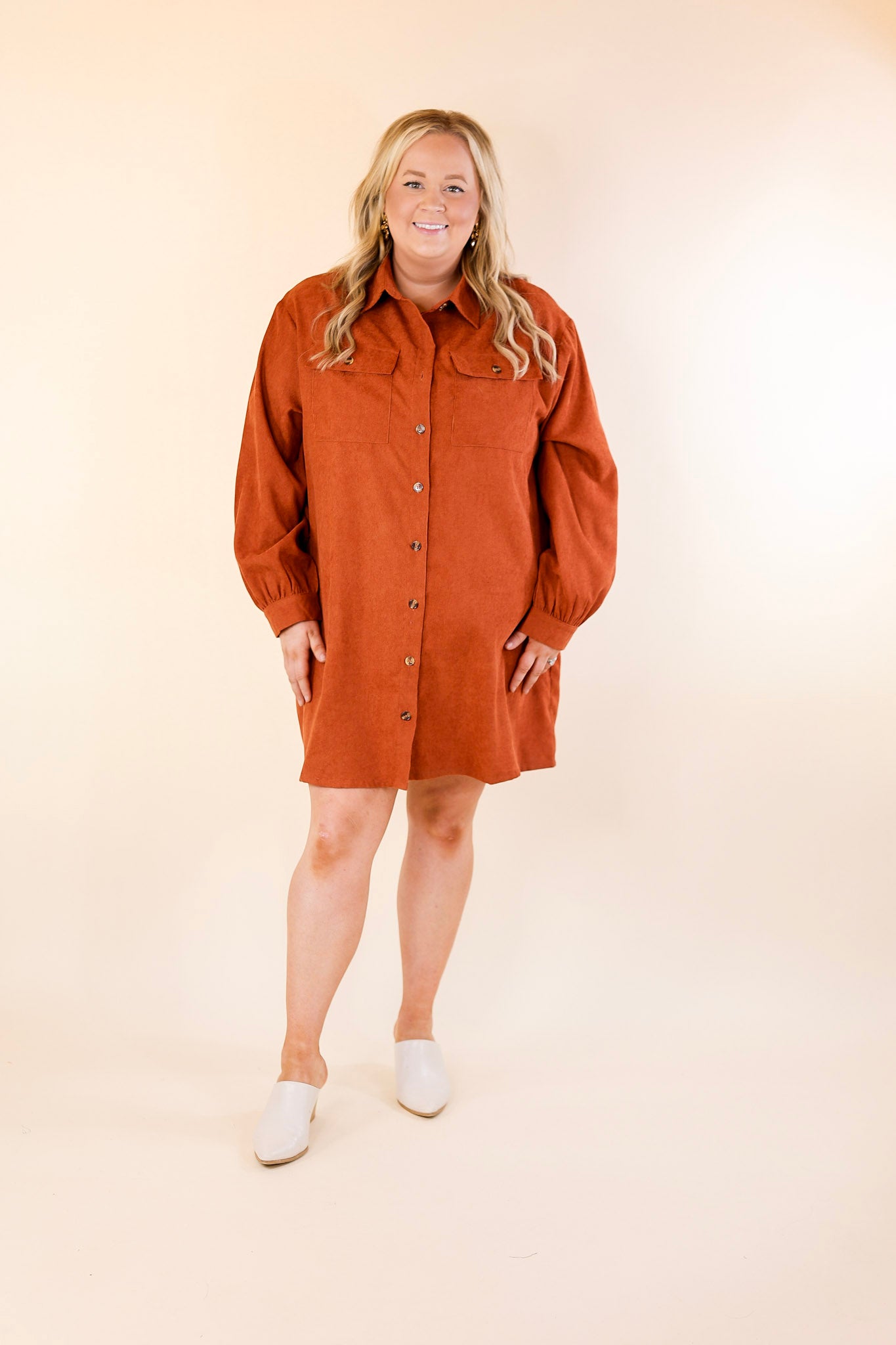 Peanut Brittle Button Up Corduroy Long Sleeve Dress in Rust Orange