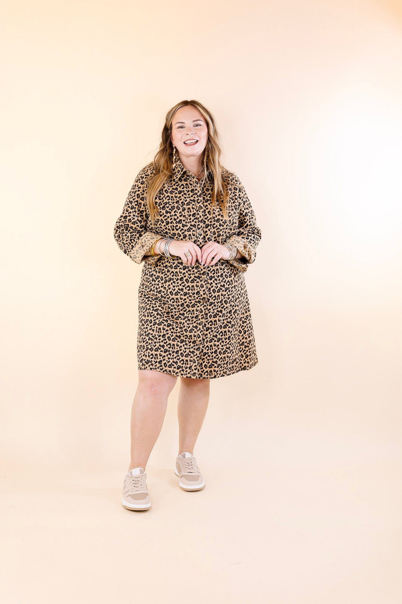 Manhattan Minute Leopard Print Button Up Dress with Long Sleeves