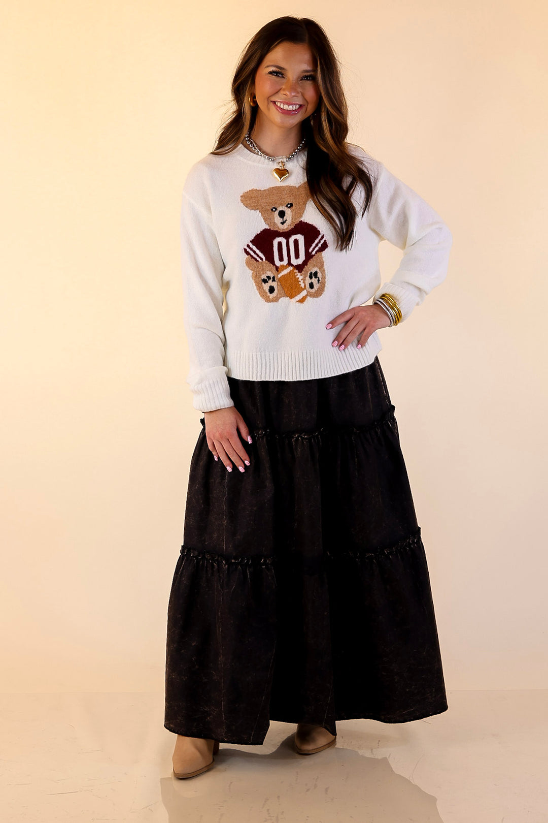 Simply Southern | Finest Touch Crewneck Sweater with Football Teddy Bear Graphic in Cream