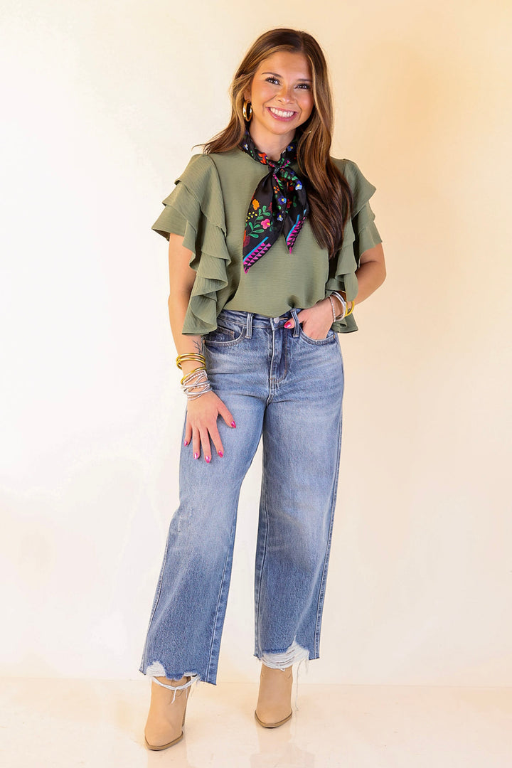 Turning Heads Multi-Tiered Ruffle Cap Sleeve Top in Olive Green