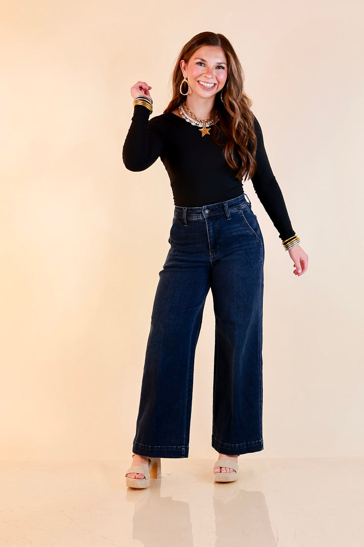 Judy Blue | Chic in Motion Ankle Length Cropped Wide Leg Trouser Denim Jeans in Dark Wash