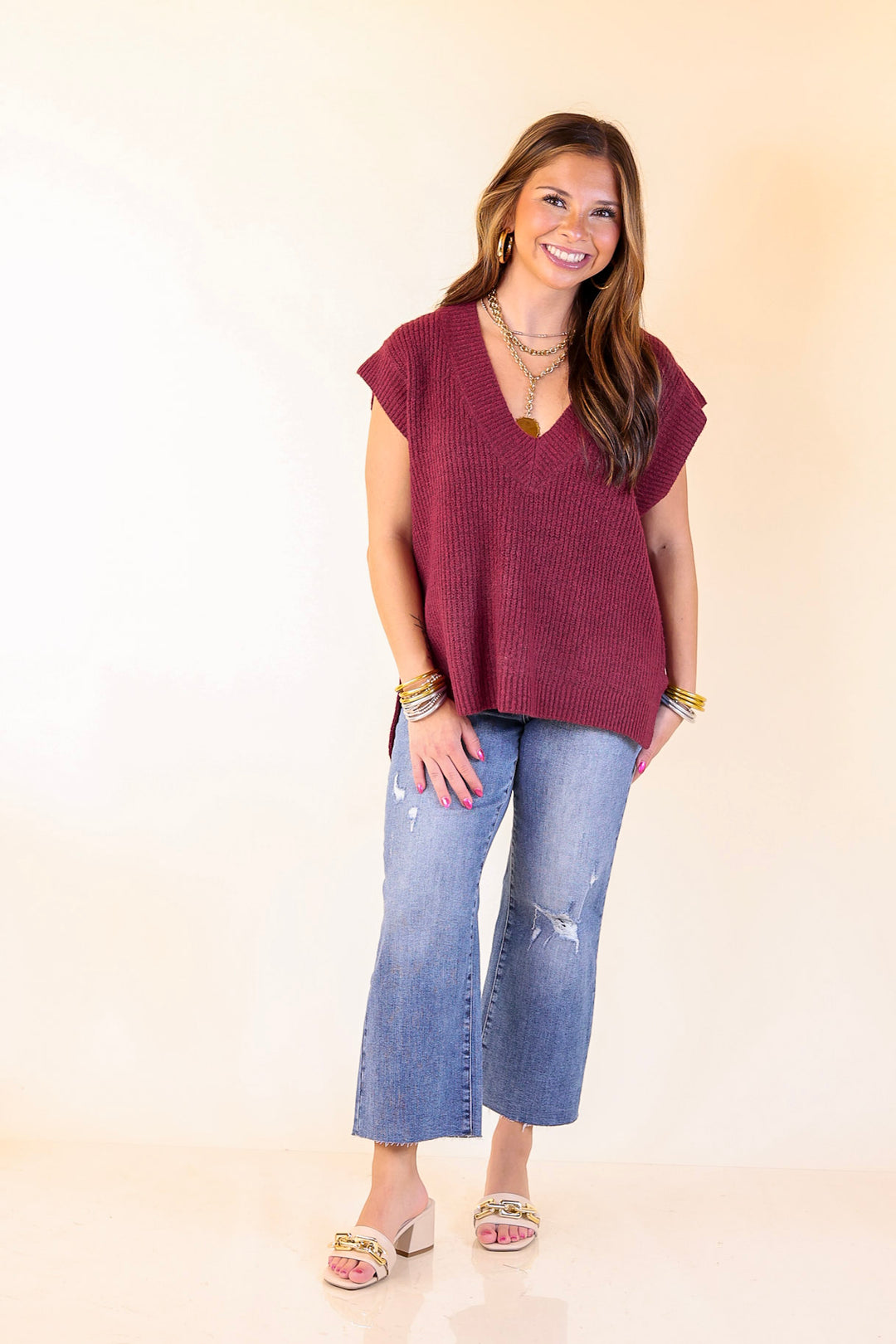 Fall For You Textured V-Neck Oversized Knit Sweater Vest Top in Maroon