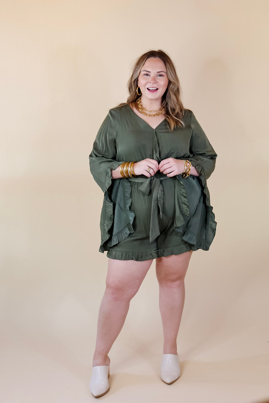 Something More Ruffle Trim Long Sleeve Satin Romper in Olive Green - Giddy Up Glamour Boutique