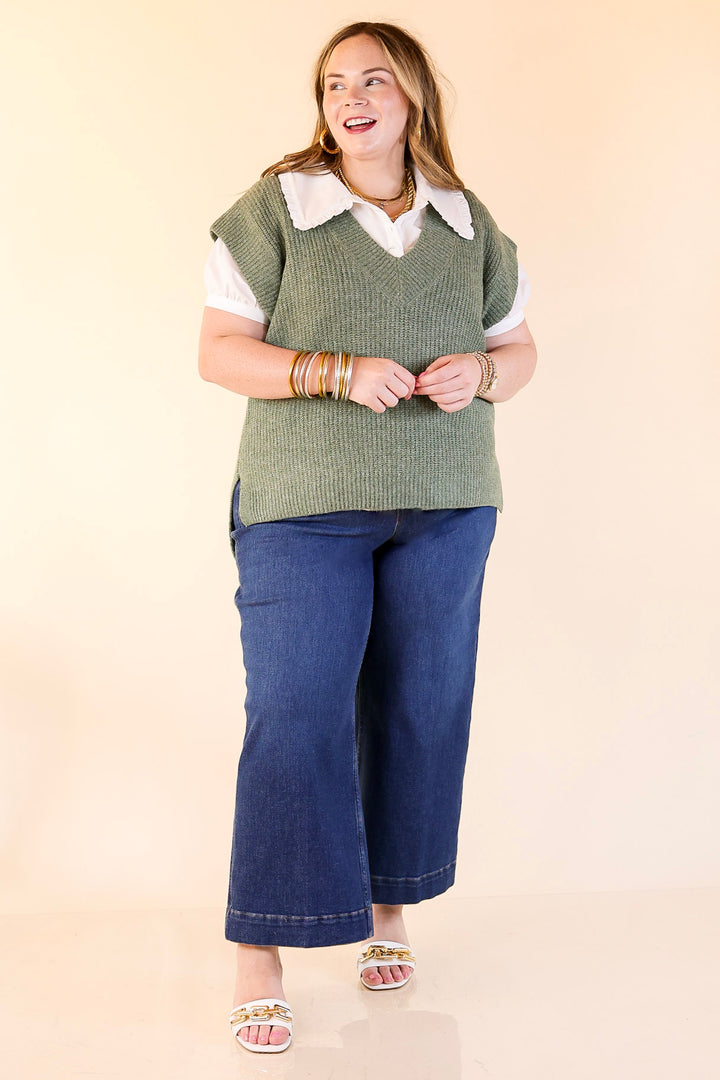 Fall For You Textured V-Neck Oversized Knit Sweater Vest Top in Olive Green