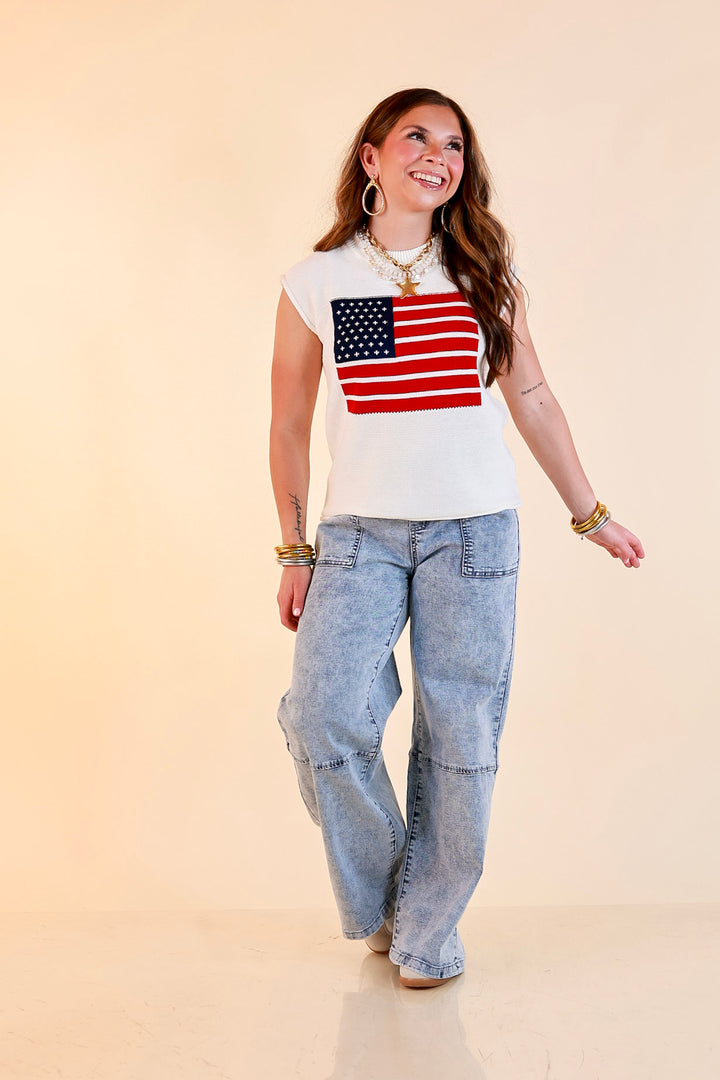 Simply Southern | Star Standard Knit Sleeveless Tank Sweater with American Flag in Ivory