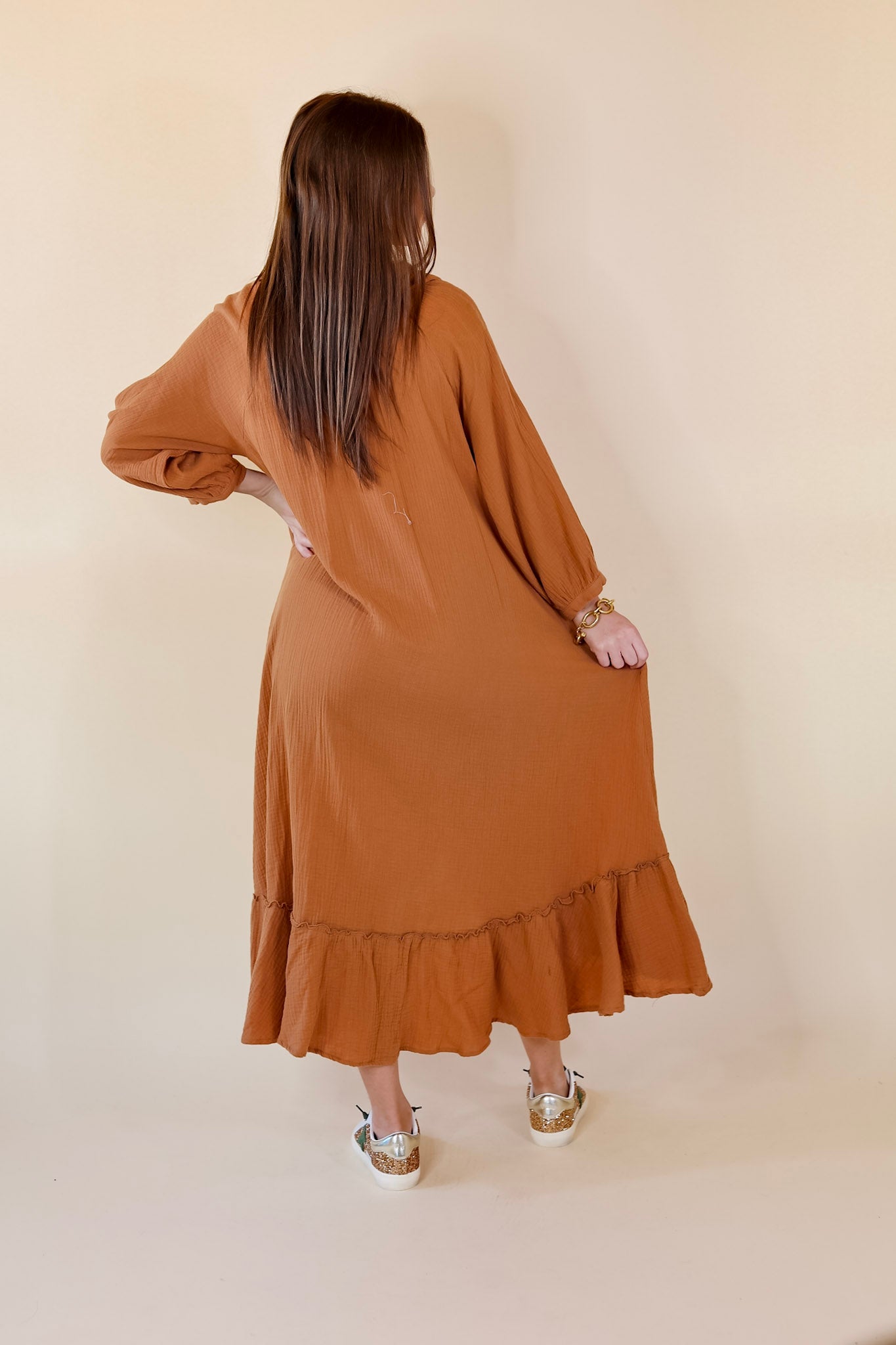 New England Nights Button Up Ruffle Hem Midi Dress in Camel - Giddy Up Glamour Boutique