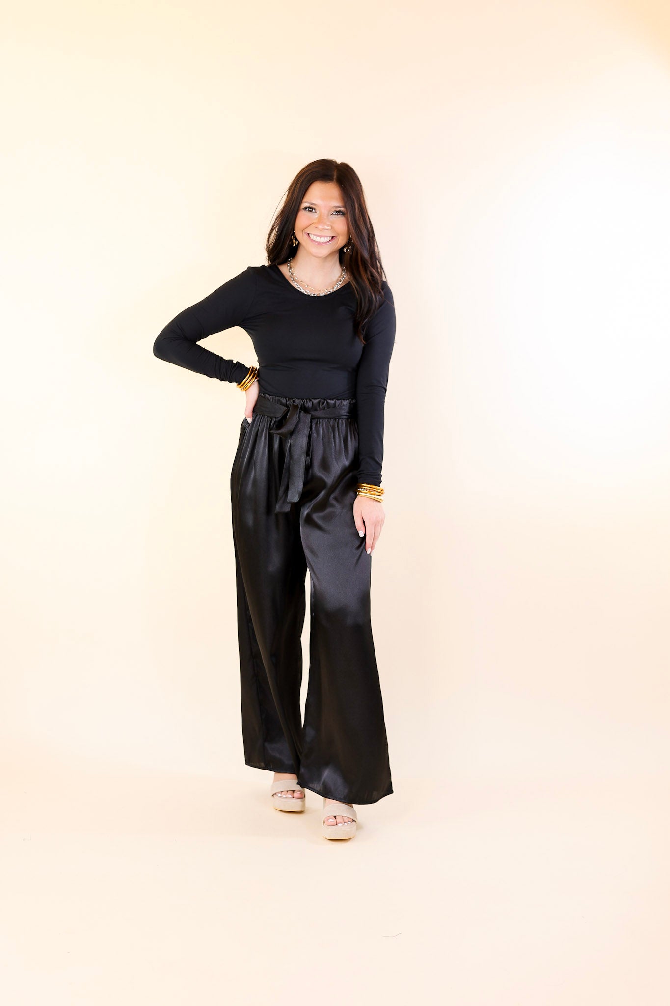 Dare To Dazzle Wide Leg Satin Pants with Waist Tie in Black