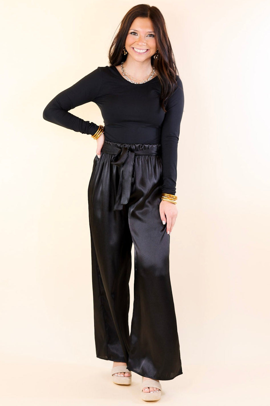 Dare To Dazzle Wide Leg Satin Pants with Waist Tie in Black