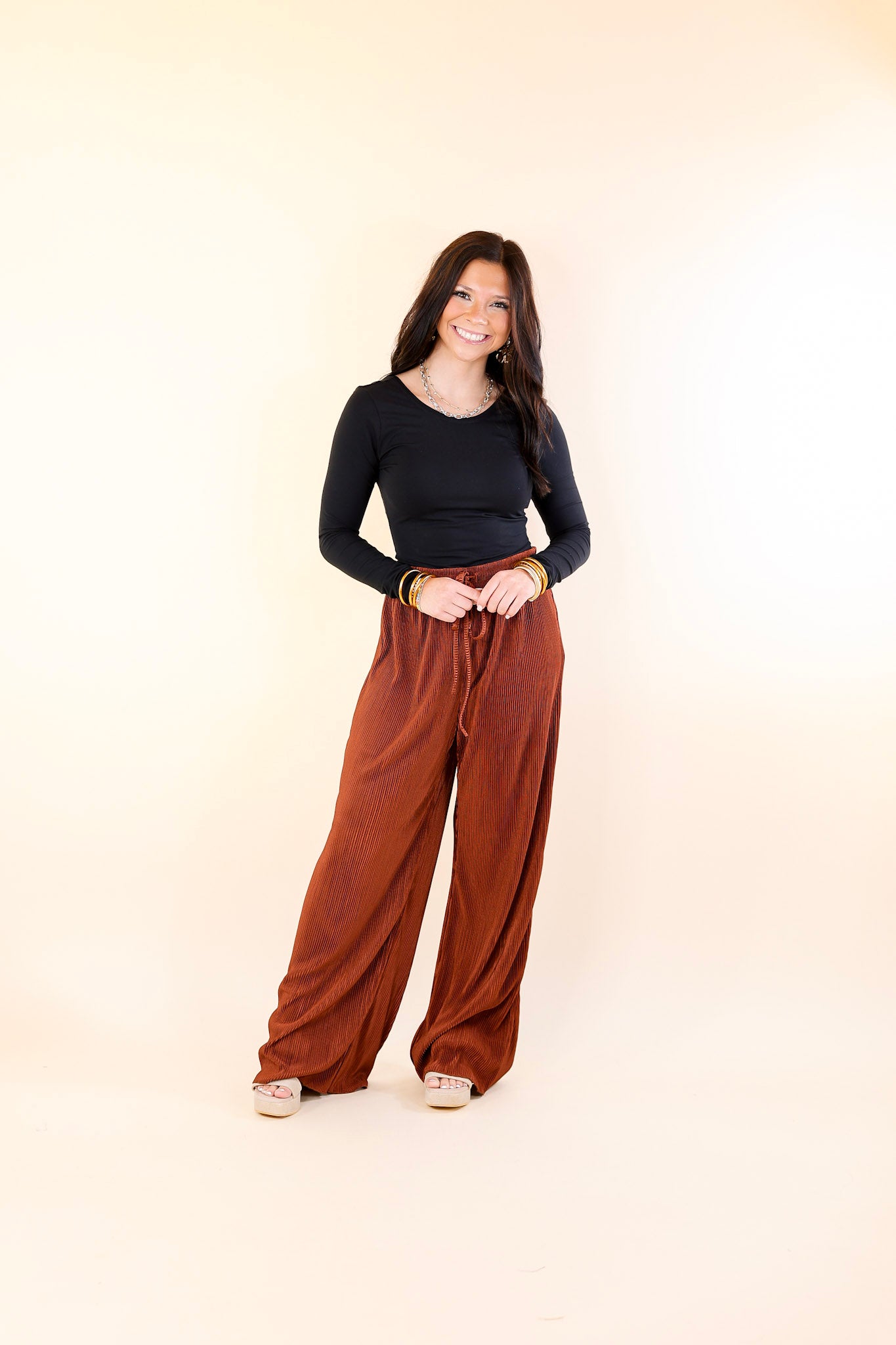 What You Admire Plissé Drawstring Pants in Rust Brown