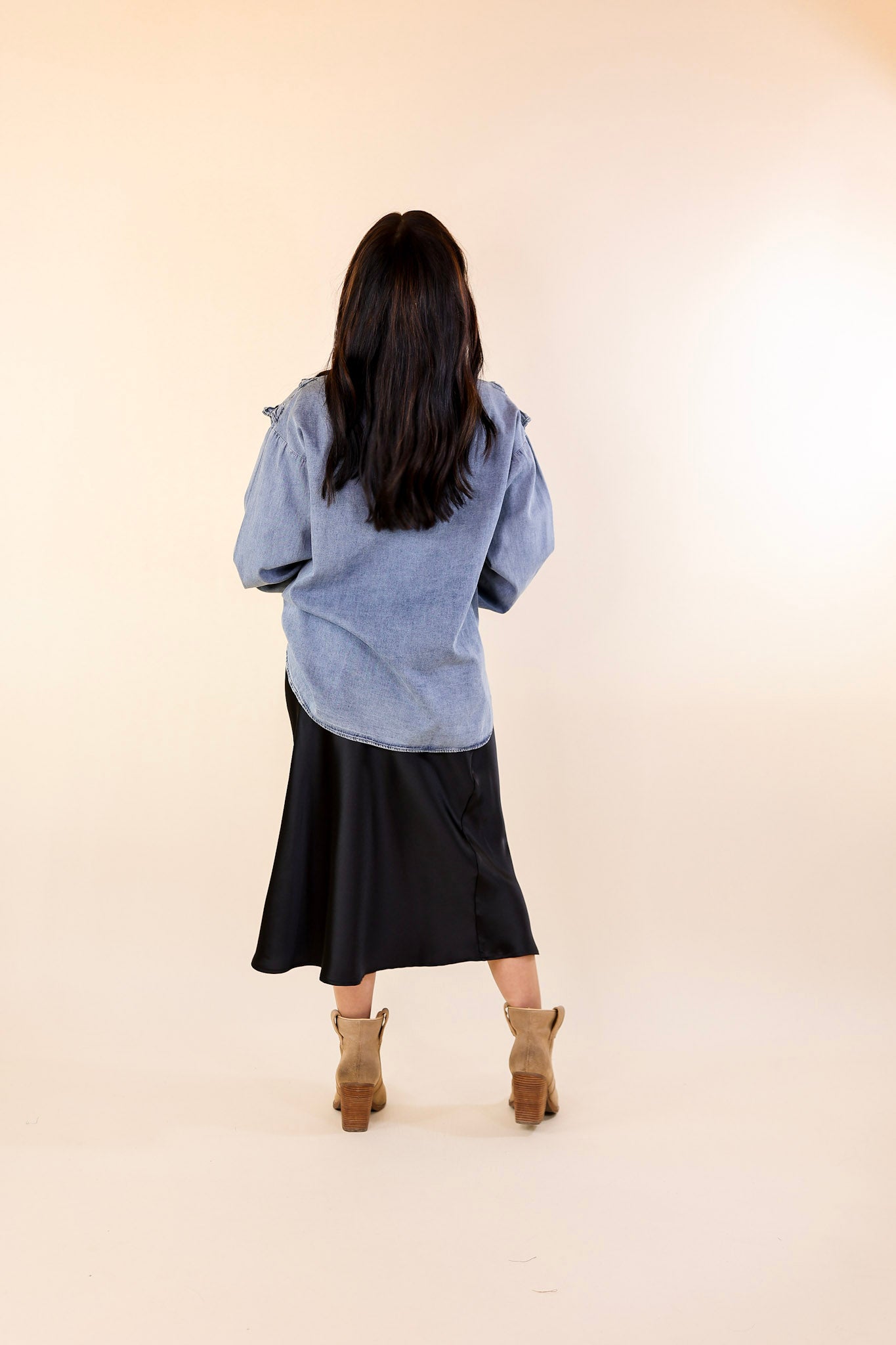 Attention To Detail Button Up Collared Denim Top with Ruffle Detail