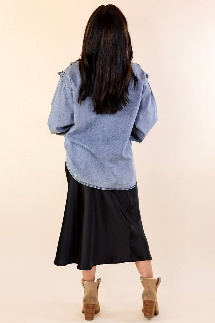 Attention To Detail Button Up Collared Denim Top with Ruffle Detail