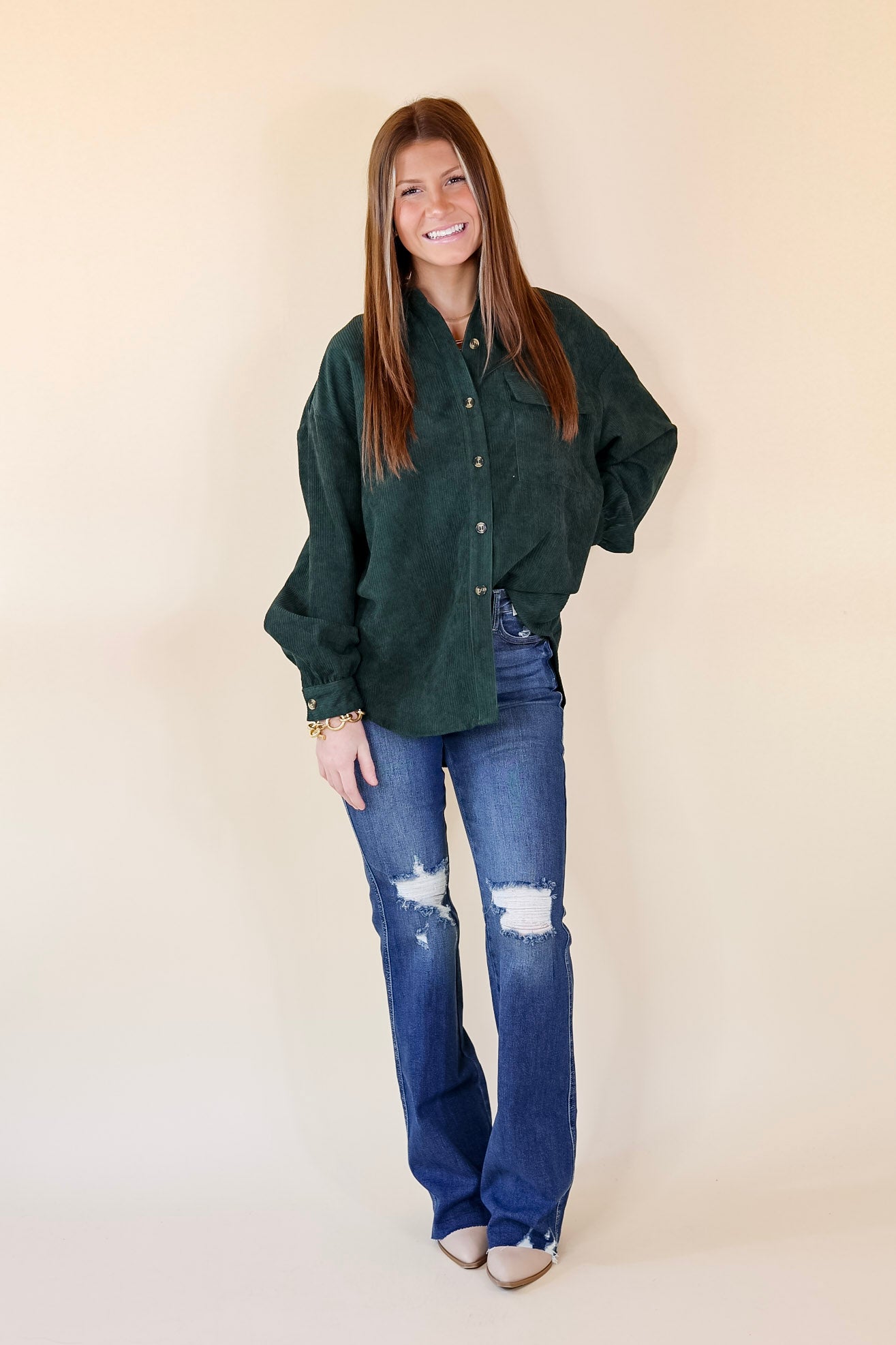 All Dolled Up Button Up Corduroy Shacket in Forest Green - Giddy Up Glamour Boutique