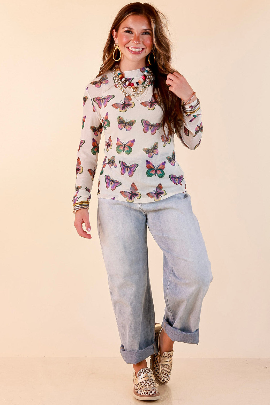 The Perfect Layer Butterfly Print Sheer Mesh Long Sleeve Top in Cream and Gemstone Colors