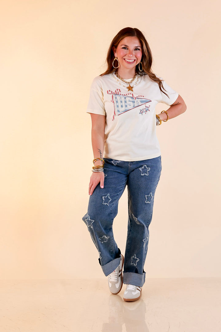 Simply Southern | American It Girl Short Sleeve Graphic Tee with USA Pennant Applique in Beige