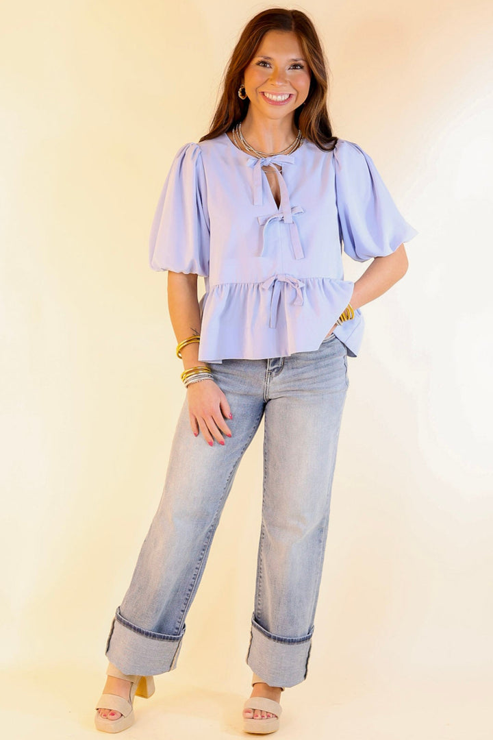 Simply Stunning Short Puff Sleeve Peplum Top with Bow Tie Detailing in Baby Blue
