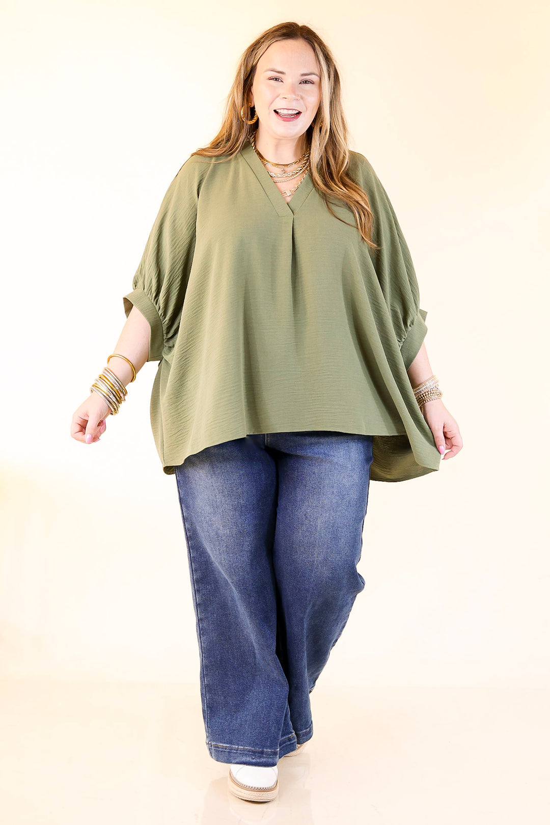 Elevated Basics V Neck Top with Half Sleeves in Olive Green