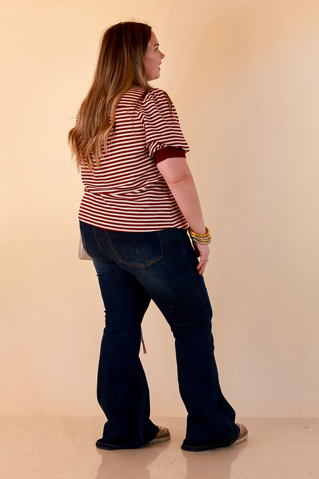 Confidently Yours Short Sleeve Contrast Trim Striped Top in Maroon and Cream