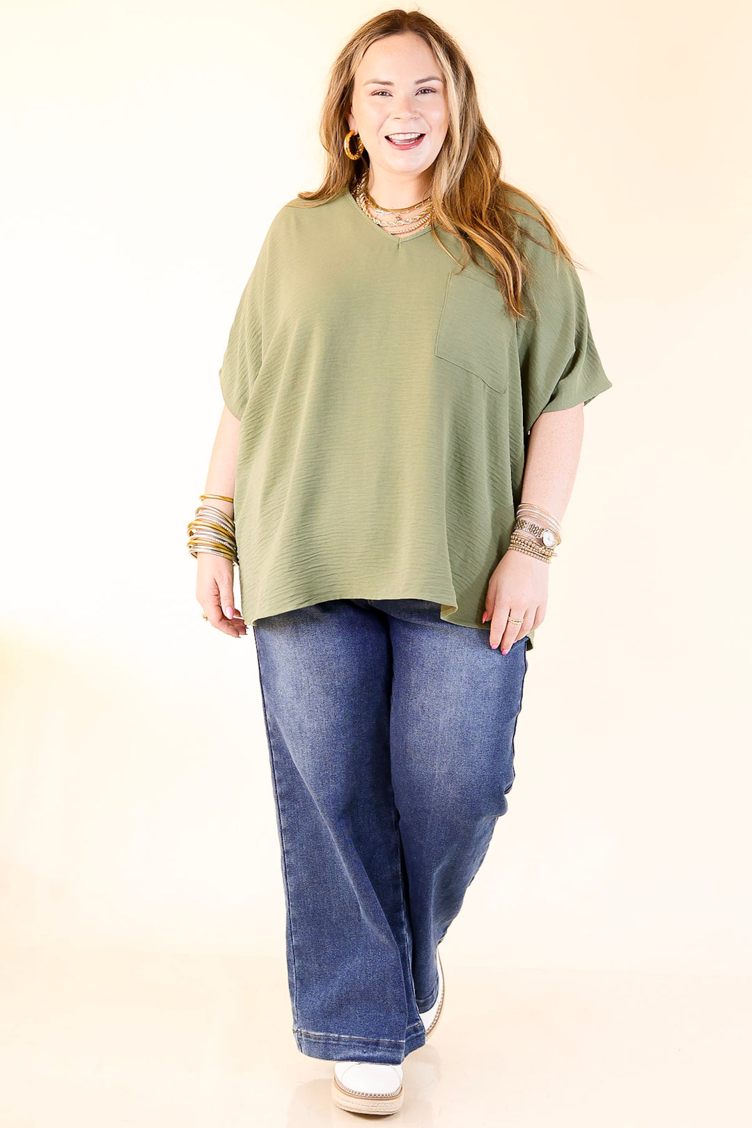 Try To Resist Short Sleeve V Neck Top with Front Pocket in Olive Green