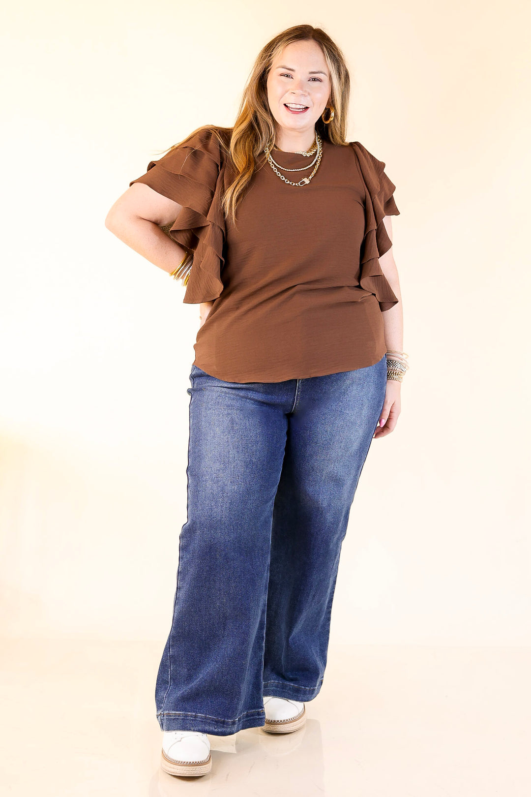 Turning Heads Multi-Tiered Ruffle Cap Sleeve Top in Chocolate Brown