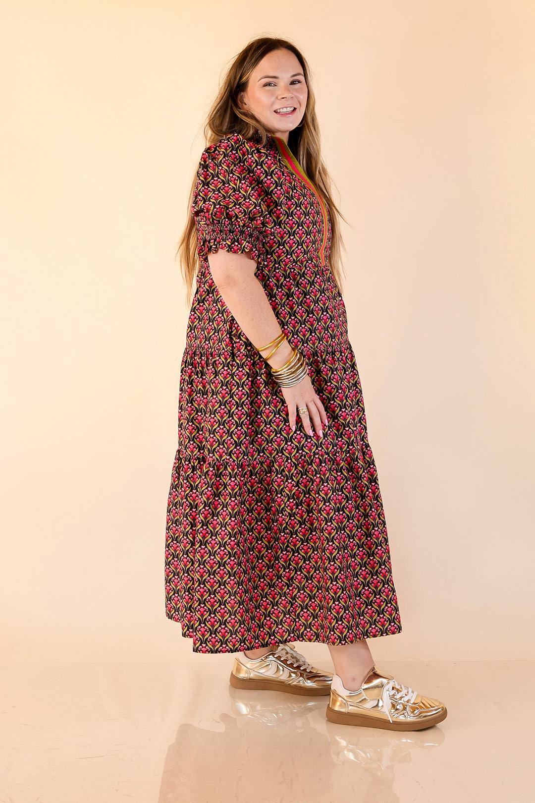 Vibrant Vision Floral Print Maxi Dress with Puff Sleeves and Contrast Trim in Black