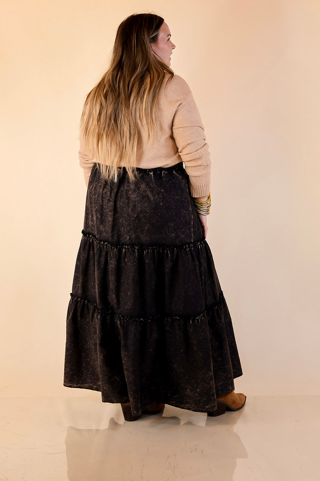 Boho Bliss Acid Wash Tiered Ruffle Maxi Skirt in Ash Black
