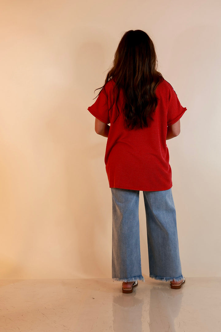Make Your Mark Ribbed Scoop Neck Mixed Print Short Sleeve Top with Star and Gingham Detailing in Red