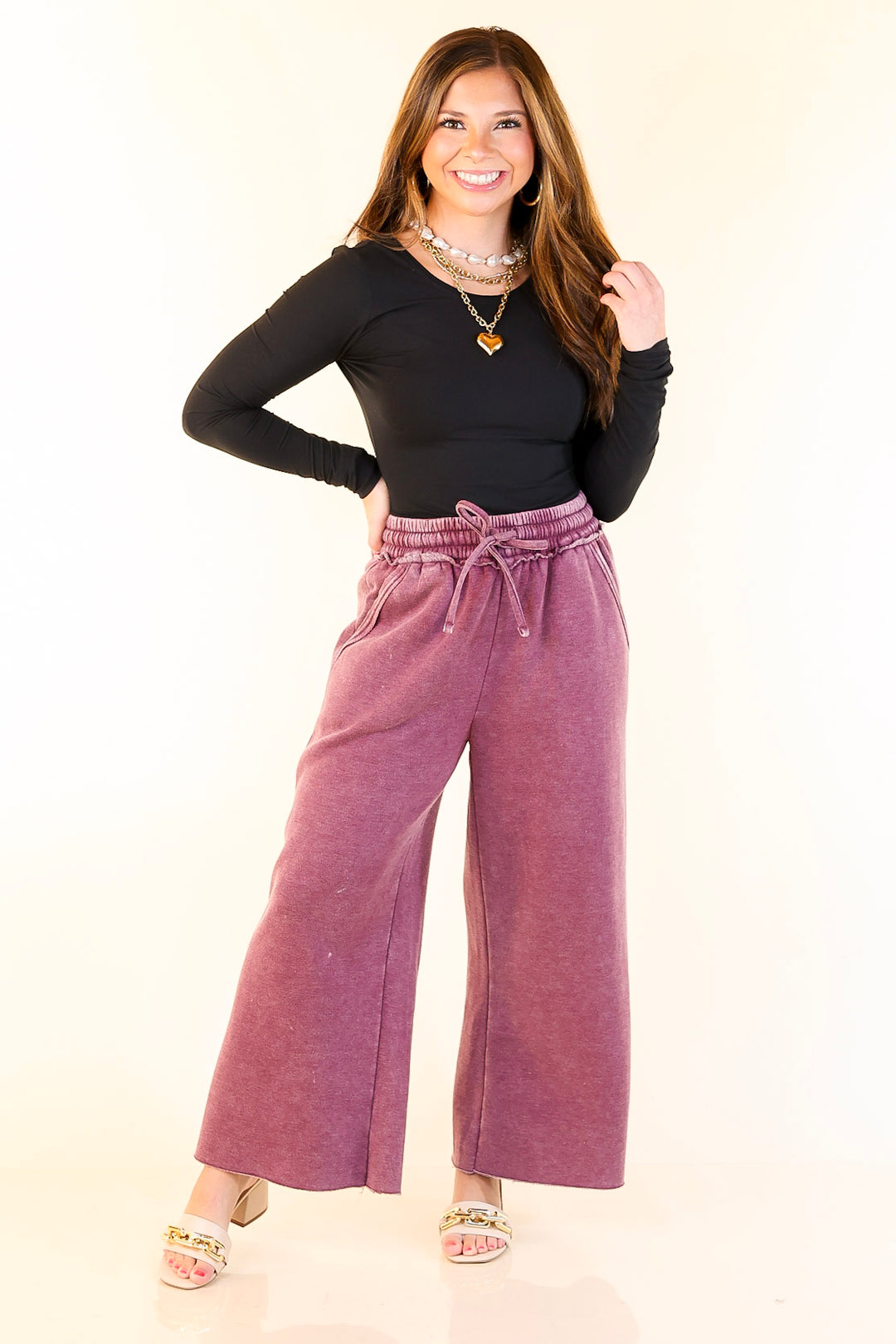 Cozy Girl Cropped Acid Washed Drawstring Pant in Maroon