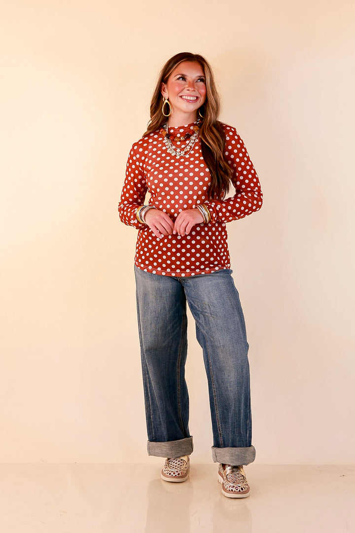 The Perfect Layer White Polka Dot Print Sheer Mesh Long Sleeve Top in Rust Orange