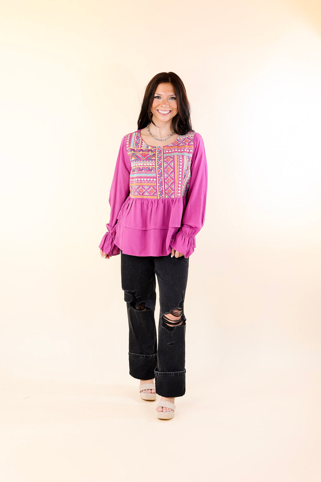 Rhythm Of The Season Embroidered Long Sleeve Top in Magenta