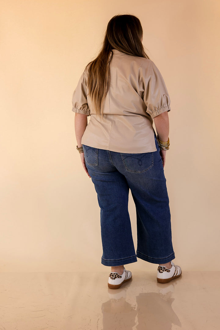 Effortlessly Cool Faux Leather Top with Short Balloon Sleeves in Ivory