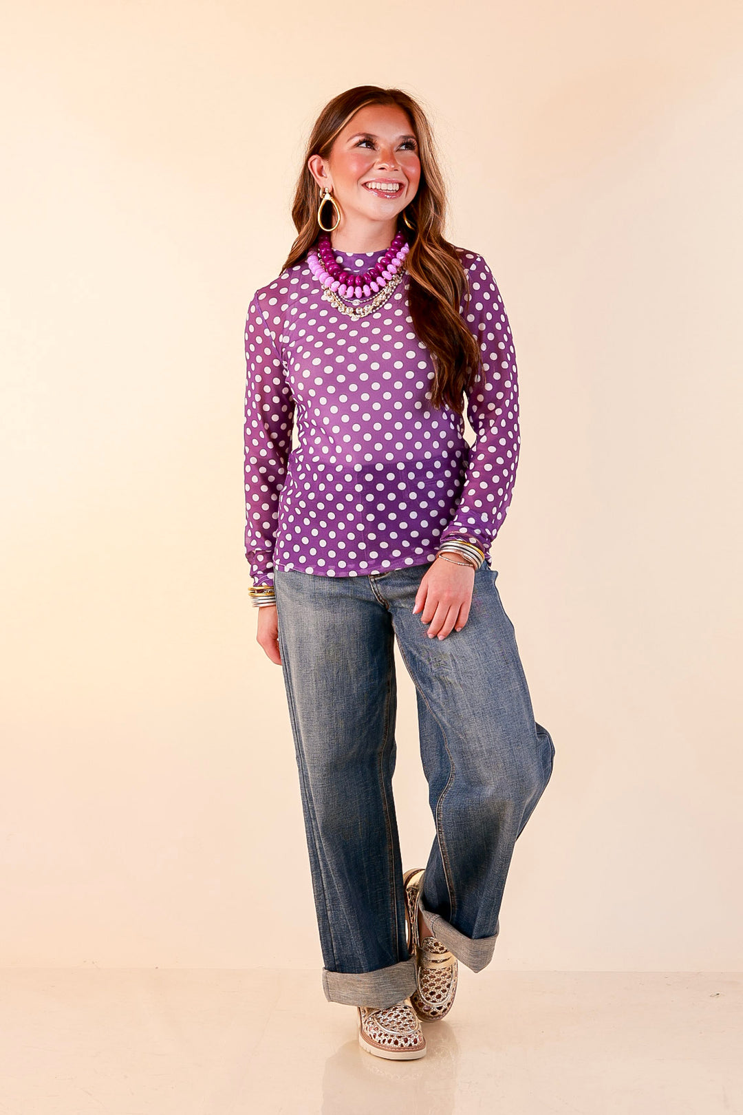 The Perfect Layer White Polka Dot Print Sheer Mesh Long Sleeve Top in Purple
