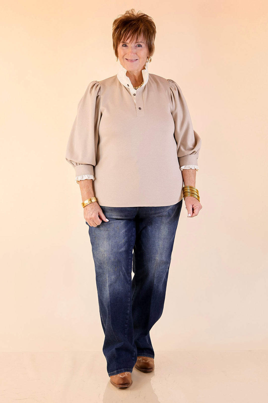 Refined Edge Puff 3/4 Sleeve Top with Collar Detailing in Sand