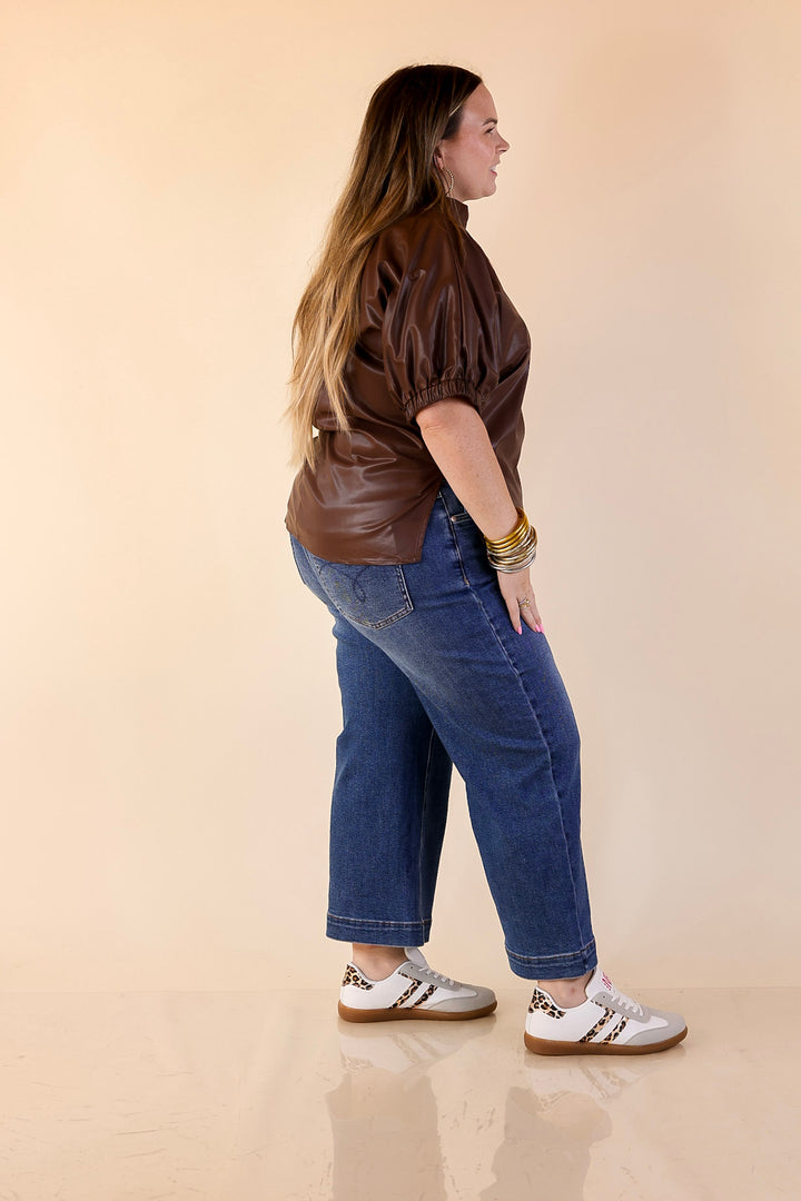 Effortlessly Cool Faux Leather Top with Short Balloon Sleeves in Chocolate Brown