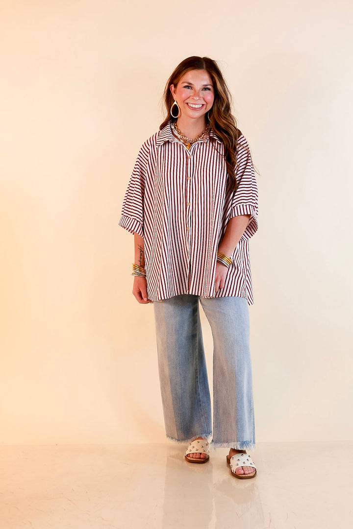Effortlessly Aligned Button Down Collared Top with Vertical Ivory Stripe Detail in Maroon