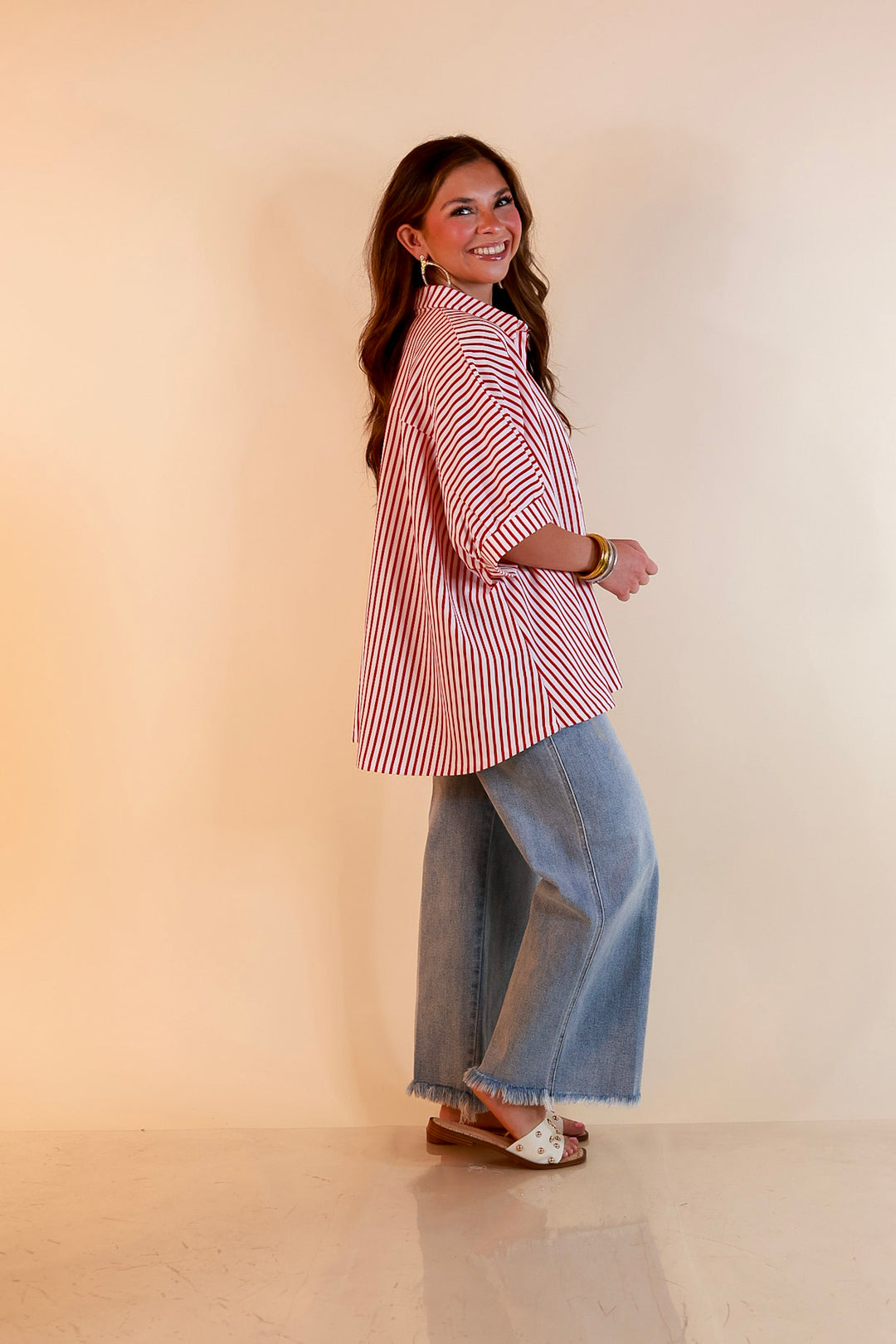 Effortlessly Aligned Button Down Collared Top with Vertical Ivory Stripe Detail in Red