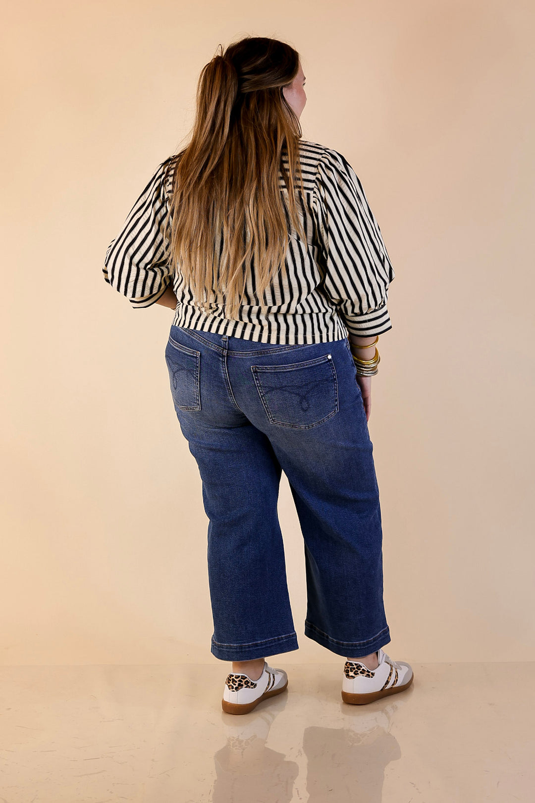 The Bold Type Striped Long Sleeve Button-Up Top in White with Black Stripes