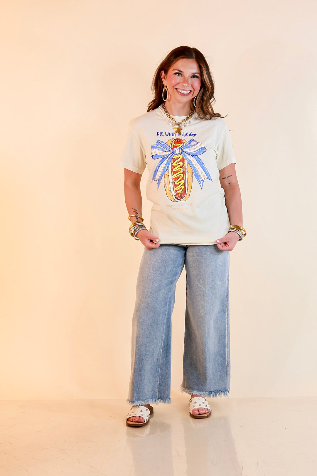 Simply Southern | Star Spangled Snack Graphic T-Shirt with Hot Dog Bow Design in Ivory