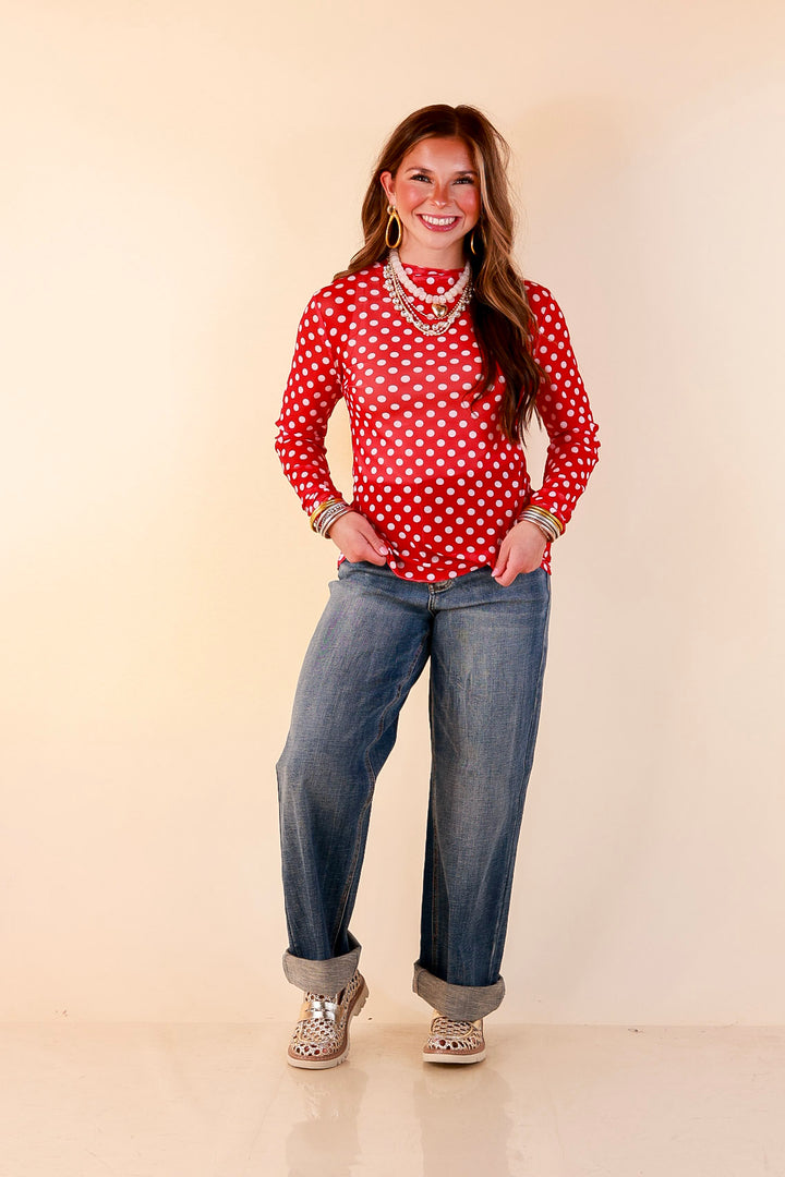 The Perfect Layer White Polka Dot Print Sheer Mesh Long Sleeve Top in Red